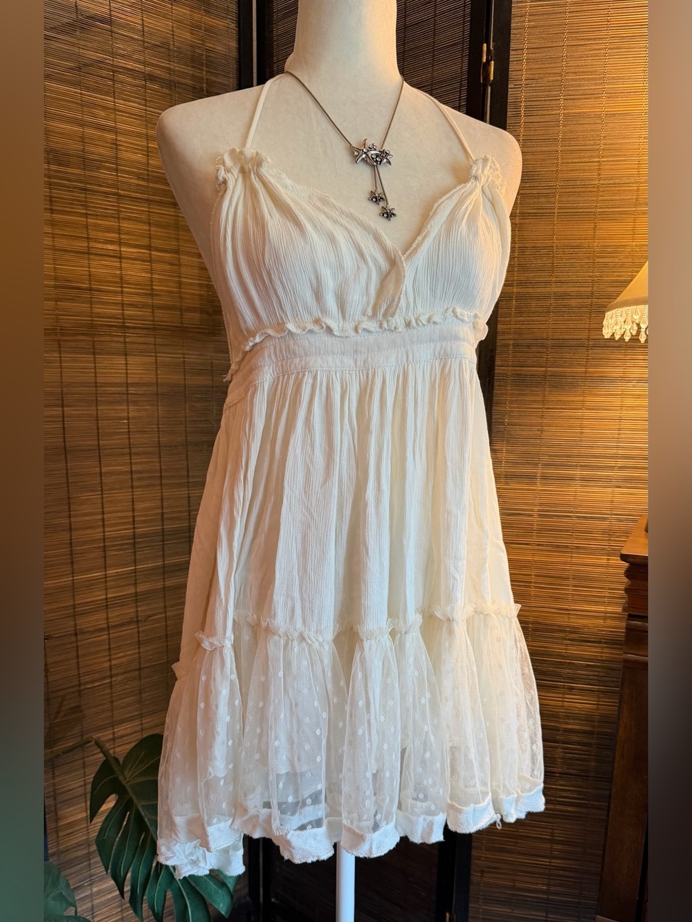 Ivory Cream Halter Mini Dress Open Back Dotted Mesh Ruffle Tiered Boho